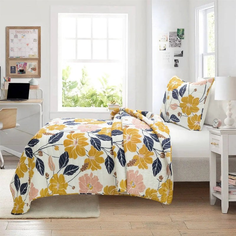 Twin/Twin XL Orange Yellow Pink Navy Blue Floral Flowers Lightweight Quilt Set by HomePacific