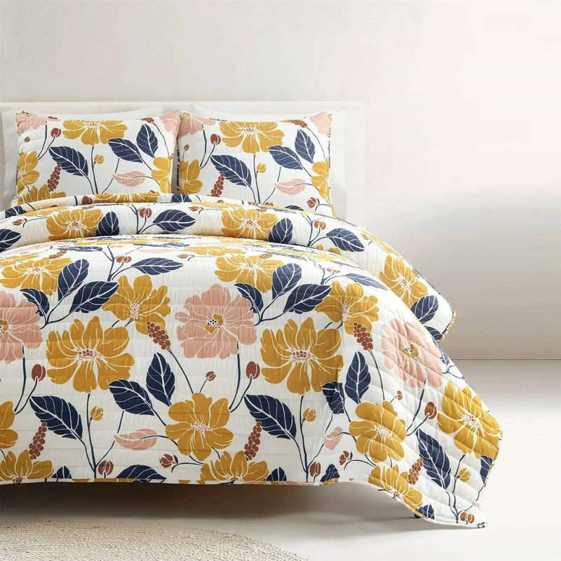 Twin/Twin XL Orange Yellow Pink Navy Blue Floral Flowers Lightweight Quilt Set by HomePacific