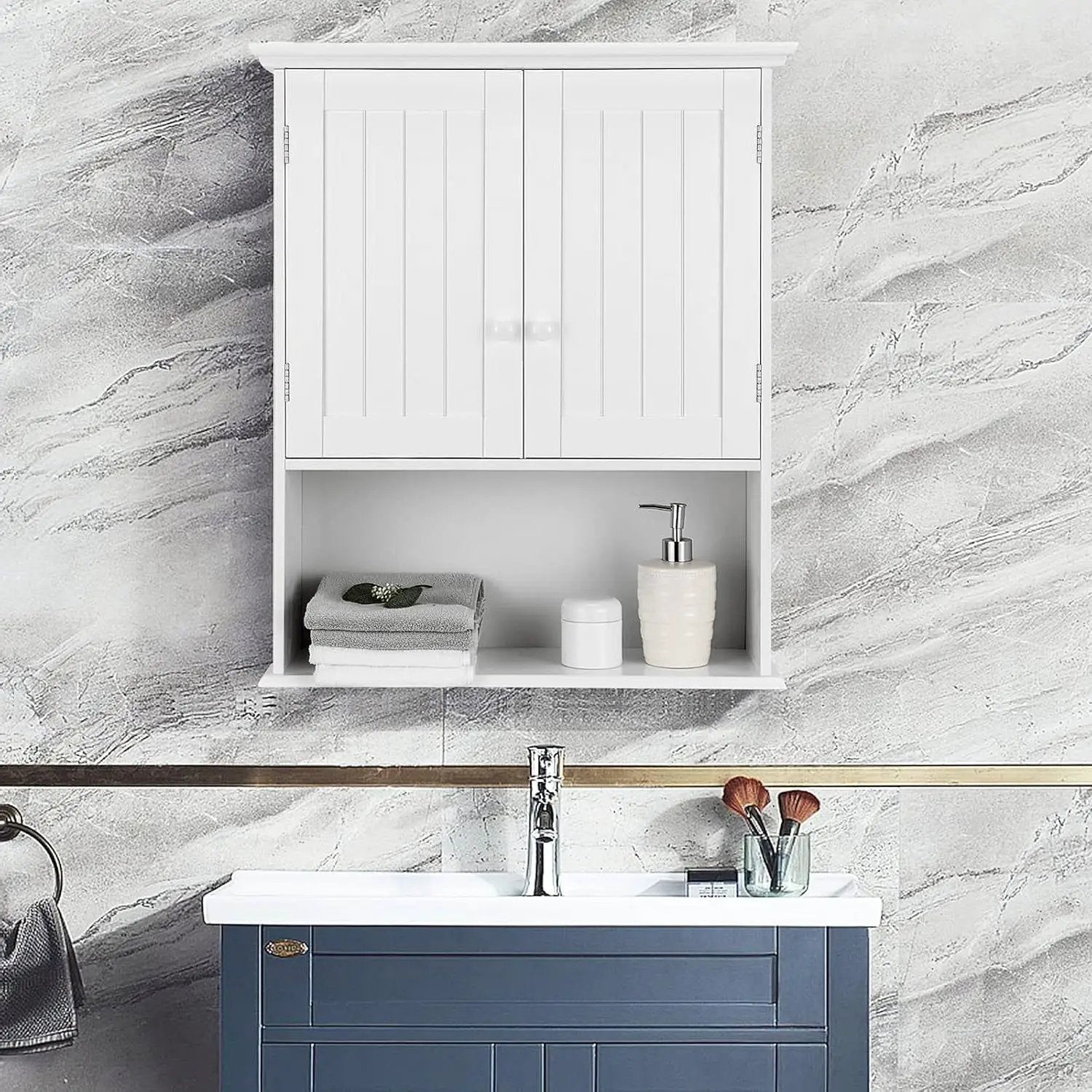 Bathroom Wall Mount Medicine Cabinet with Open Storage Shelf in White by HomePacific