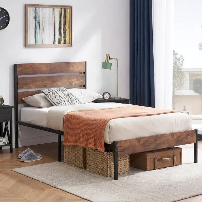 Twin Industrial Platform Bed Frame with Brown Wood Slatted Headboard Footboard by HomePacific