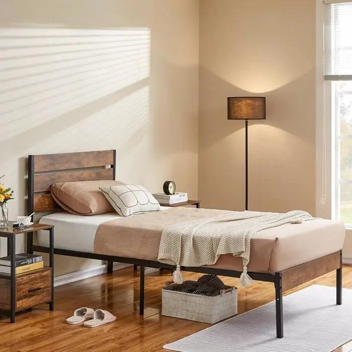 Twin Industrial Platform Bed Frame with Brown Wood Slatted Headboard Footboard by HomePacific