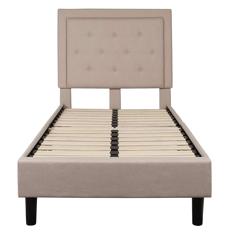 Twin Beige Fabric Upholstered Platform Bed with Button Tufted Headboard by HomePacific