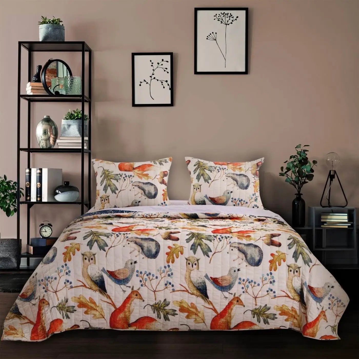 Twin 2-Piece Blue Beige Birds Animals Floral Reversible Quilt Set by HomePacific