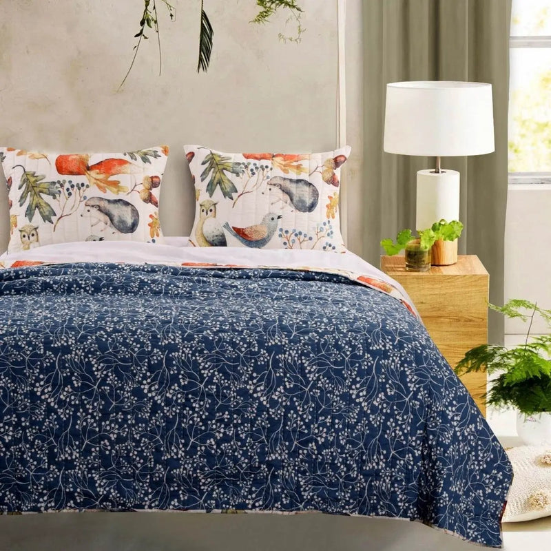Twin 2-Piece Blue Beige Birds Animals Floral Reversible Quilt Set by HomePacific