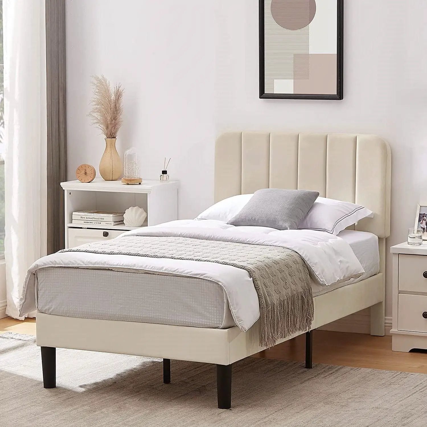 Twin size Beige Upholstered Platform Bed Frame with Headboard by HomePacific