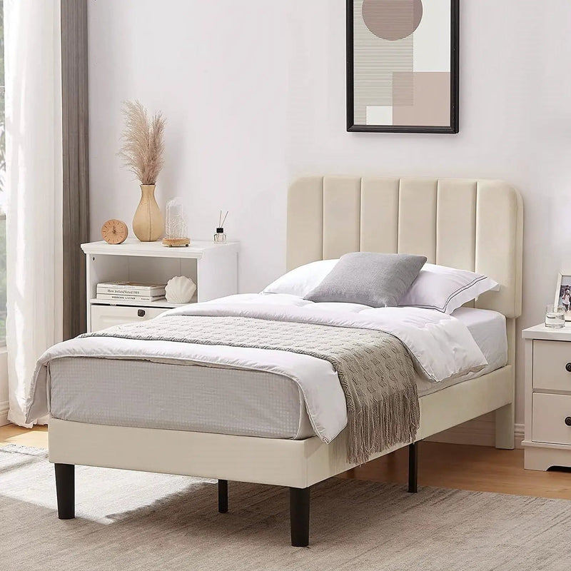 Twin size Beige Upholstered Platform Bed Frame with Headboard by HomePacific