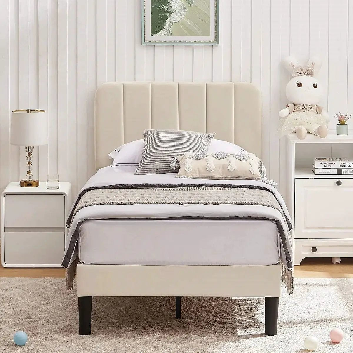 Twin size Beige Upholstered Platform Bed Frame with Headboard by HomePacific