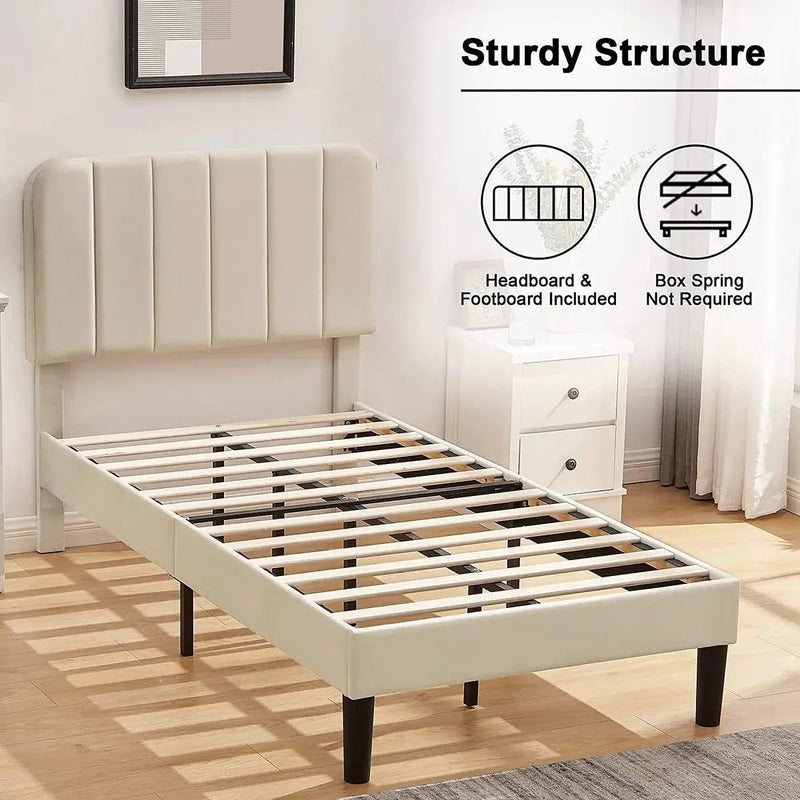 Twin size Beige Upholstered Platform Bed Frame with Headboard by HomePacific