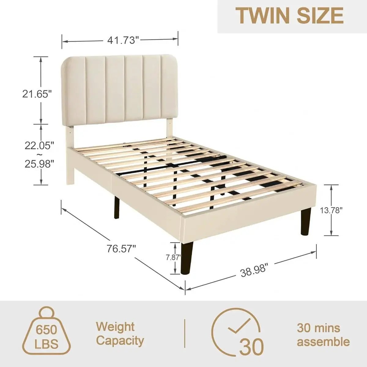 Twin size Beige Upholstered Platform Bed Frame with Headboard by HomePacific