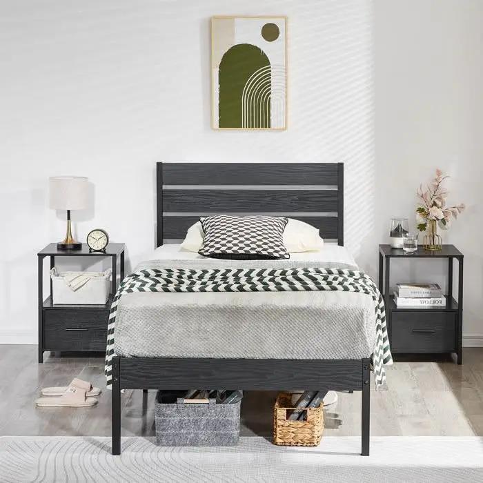 Twin size Industrial Platform Bed Frame with Wood Slatted Headboard in Black by HomePacific