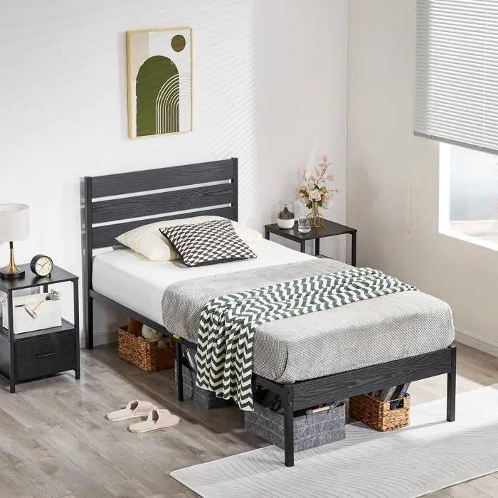 Twin size Industrial Platform Bed Frame with Wood Slatted Headboard in Black by HomePacific