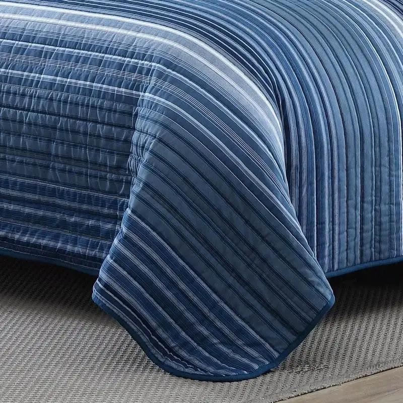 Twin Size Coastal Blue Stripe Reversible Cotton Quilt Set by HomePacific