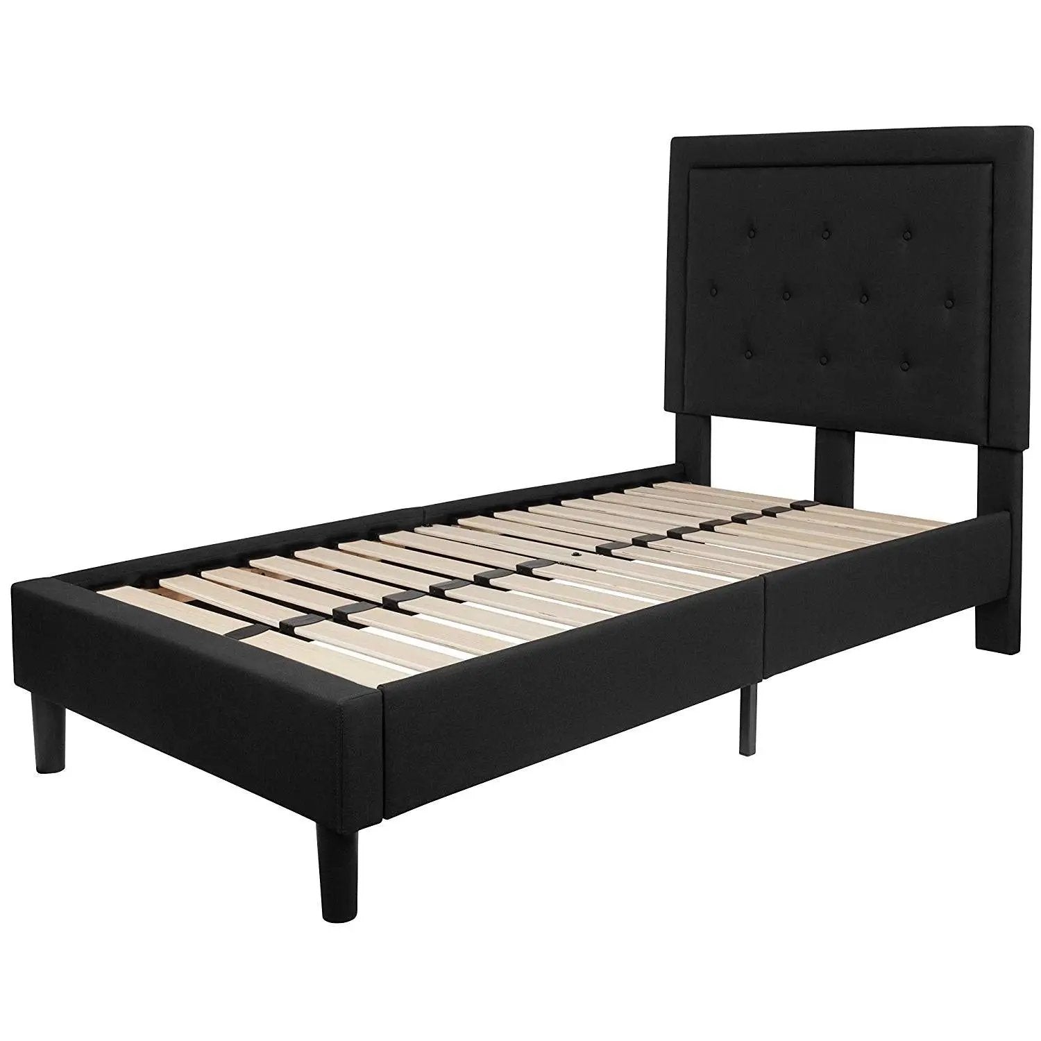 Twin Black Fabric Upholstered Platform Bed Frame with Tufted Headboard by HomePacific
