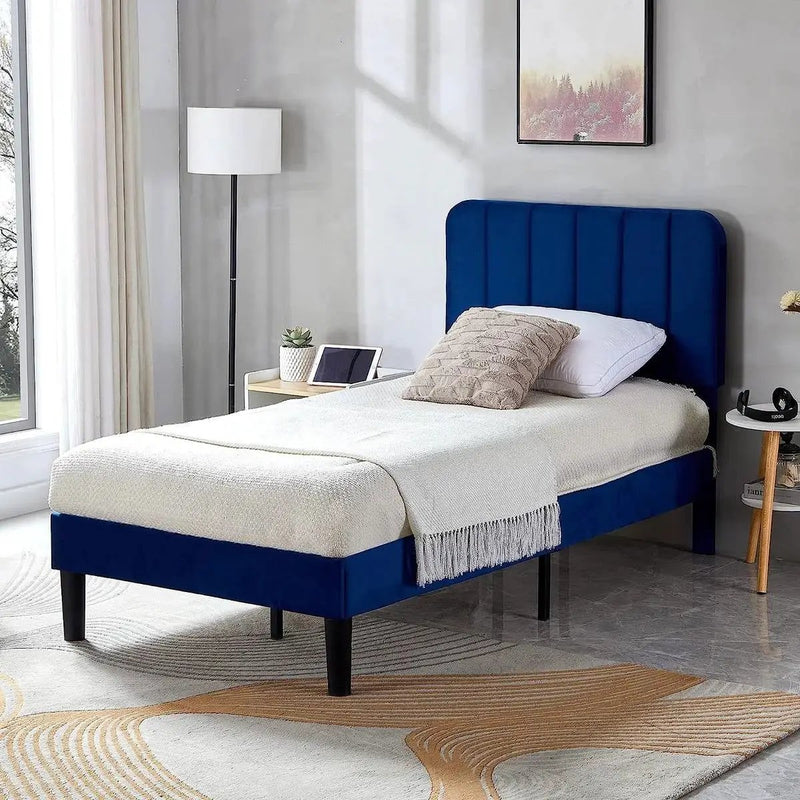 Twin size Blue Upholstered Platform Bed Frame with Headboard by HomePacific