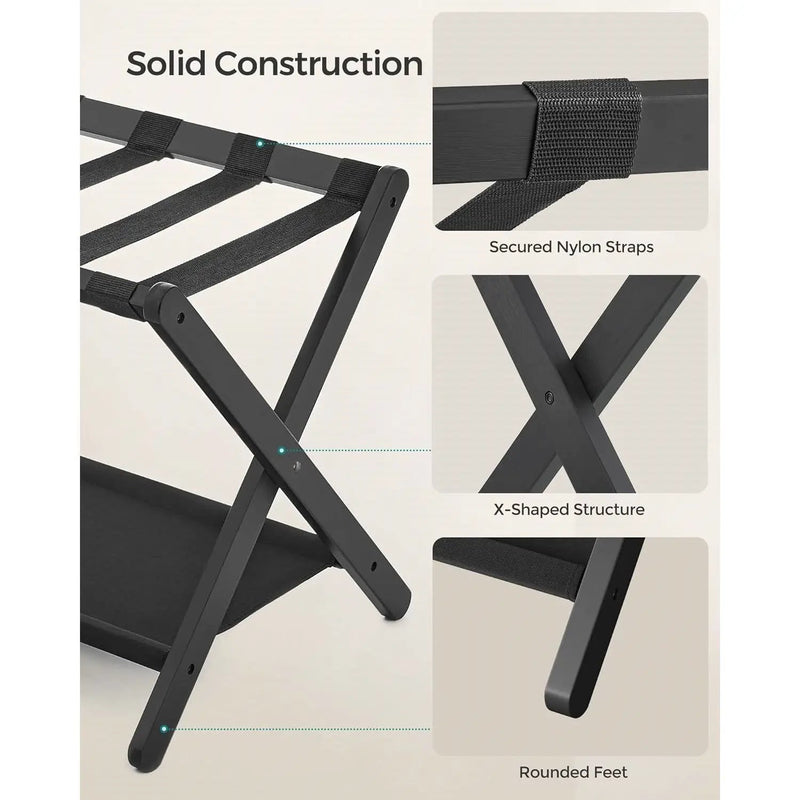 Set of 2 - Sturdy Bamboo Luggage Rack in Black Wood Finish with Lower Storage Shelf by HomePacific