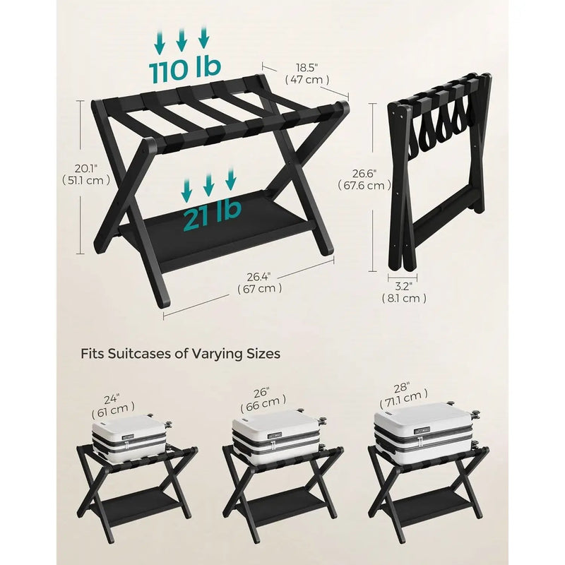 Set of 2 - Sturdy Bamboo Luggage Rack in Black Wood Finish with Lower Storage Shelf by HomePacific