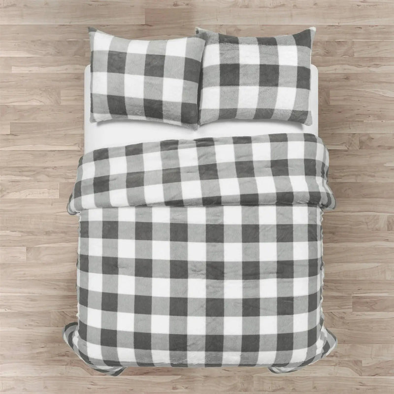 Twin Size Plaid Soft Faux Fur Comforter Set in Black White Grey by HomePacific