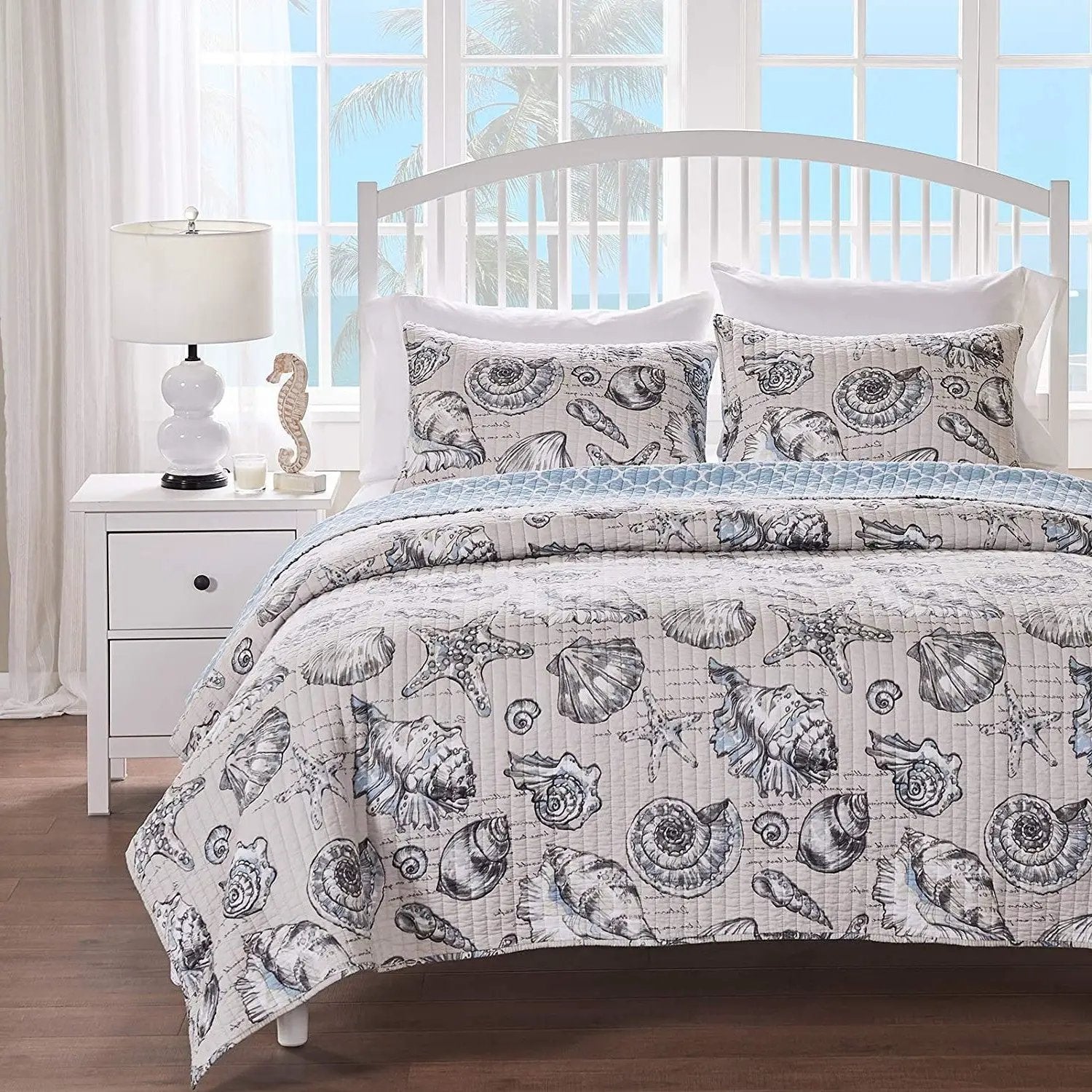 Twin/Twin XL size 2 Piece Microfiber Beach Shells Coastal Reversible Quilt Set by HomePacific