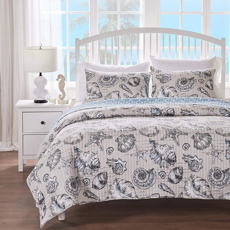 Twin/Twin XL size 2 Piece Microfiber Beach Shells Coastal Reversible Quilt Set by HomePacific