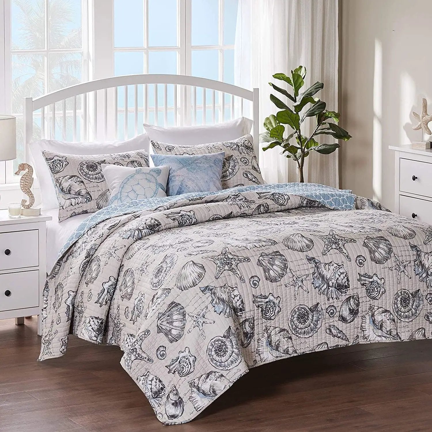 Twin/Twin XL size 2 Piece Microfiber Beach Shells Coastal Reversible Quilt Set by HomePacific
