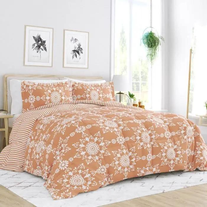 Twin 2 Piece Clay and White Reversible Daisy Medallion Striped Comforter Set by HomePacific
