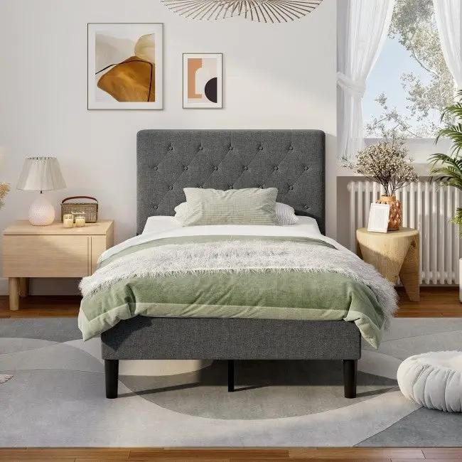Twin Size Grey Upholstered Button Tufted Headboard Platform Bed by HomePacific