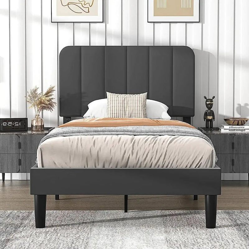Twin size Dark Grey Upholstered Platform Bed Frame with Headboard by HomePacific