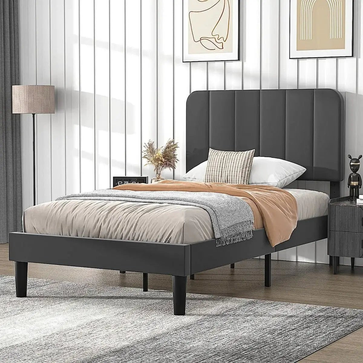 Twin size Dark Grey Upholstered Platform Bed Frame with Headboard by HomePacific