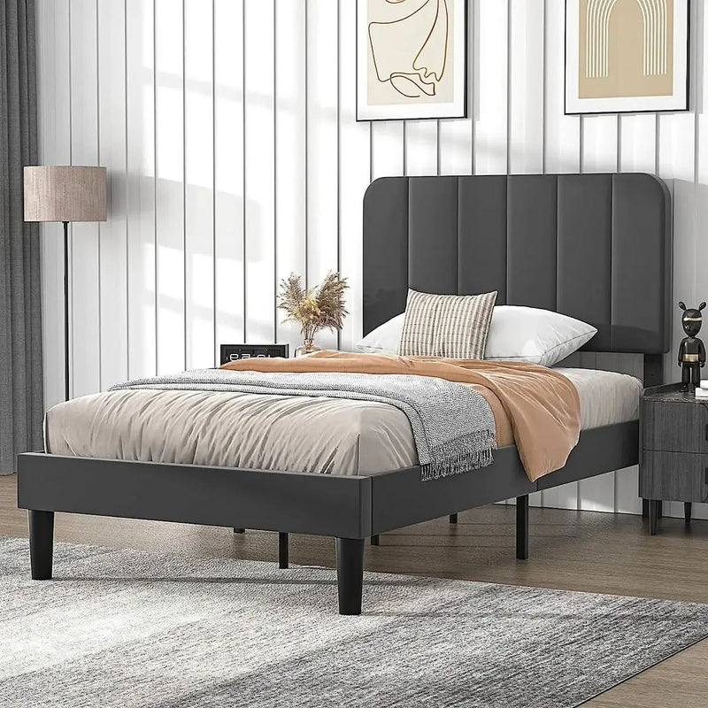 Twin size Dark Grey Upholstered Platform Bed Frame with Headboard by HomePacific