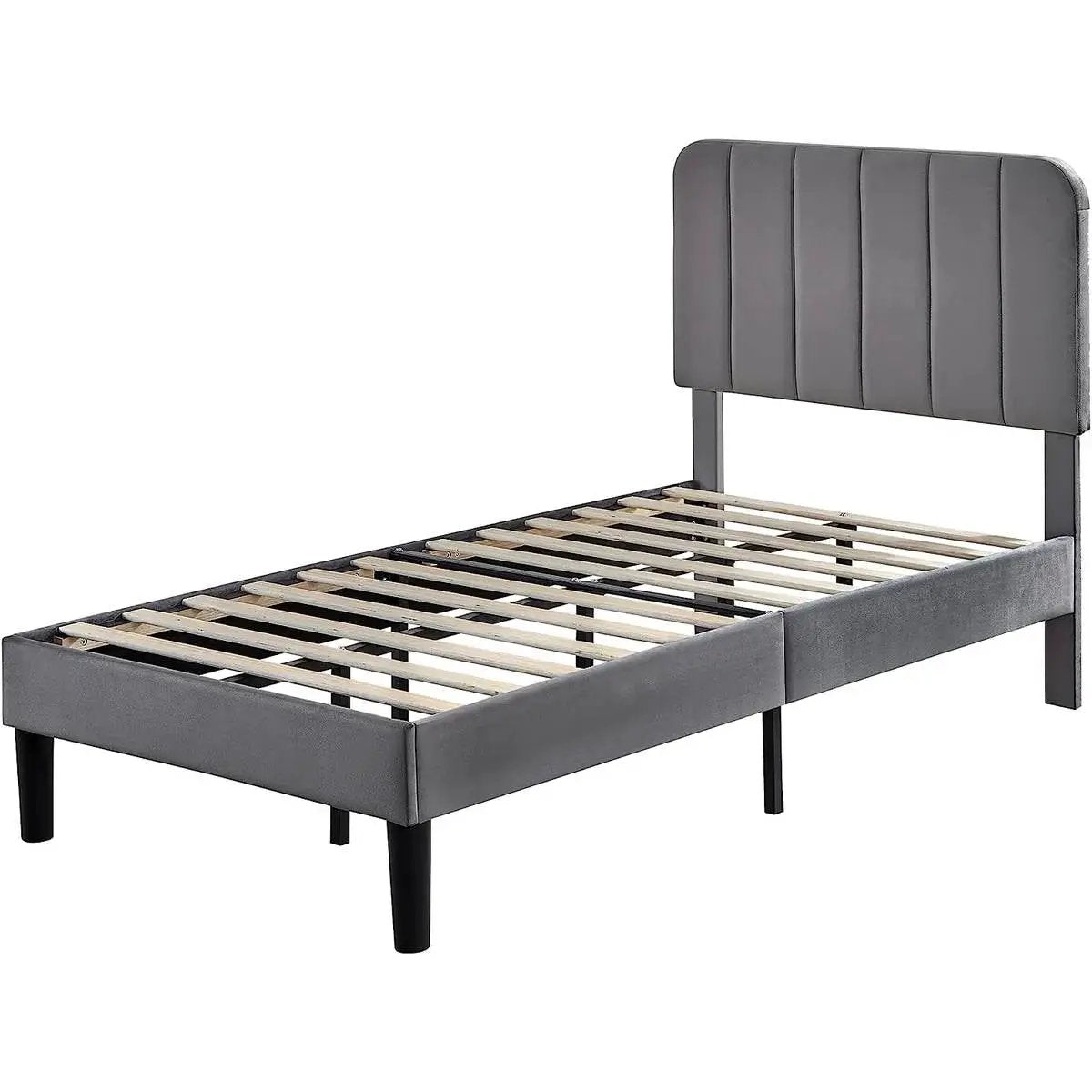 Twin size Dark Grey Upholstered Platform Bed Frame with Headboard by HomePacific