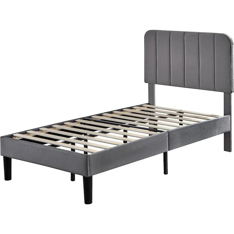Twin size Dark Grey Upholstered Platform Bed Frame with Headboard by HomePacific