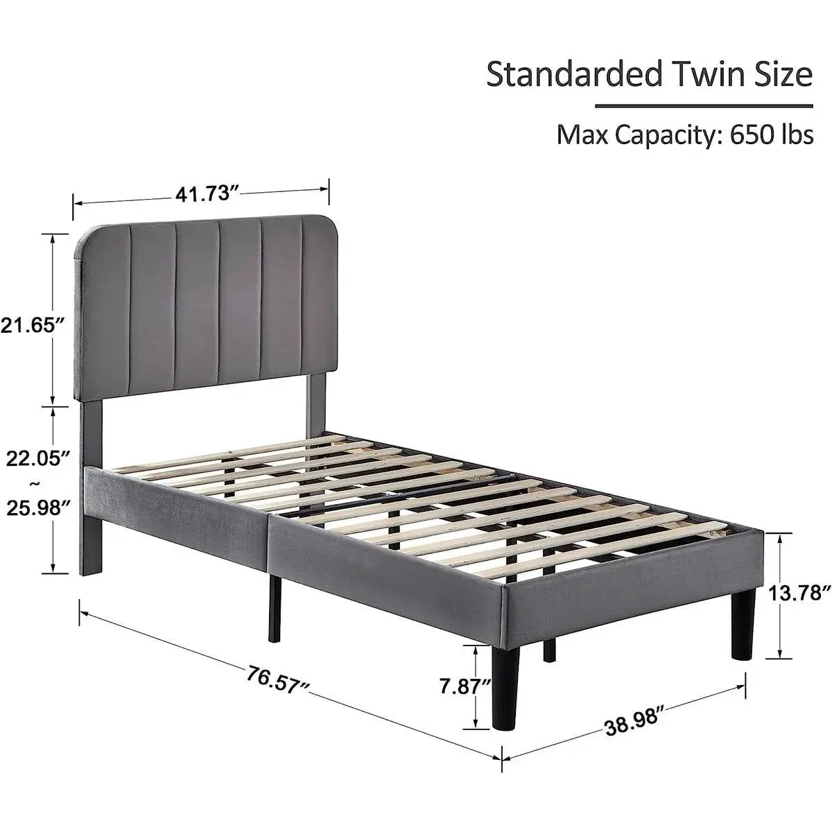 Twin size Dark Grey Upholstered Platform Bed Frame with Headboard by HomePacific