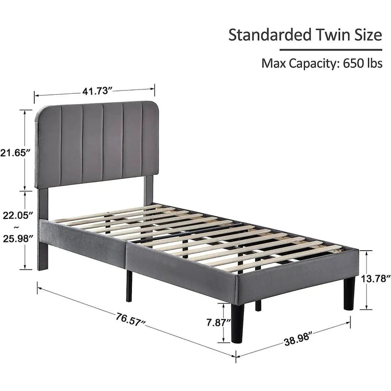 Twin size Dark Grey Upholstered Platform Bed Frame with Headboard by HomePacific