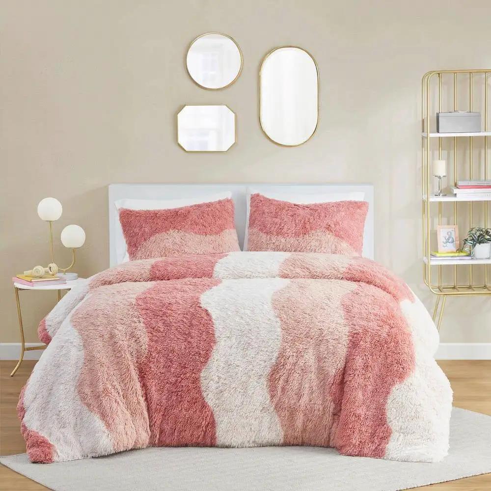 Twin/Twin XL Pink Blush White Reversible Soft Sherpa Faux Fur 2-PC Comforter Set by HomePacific