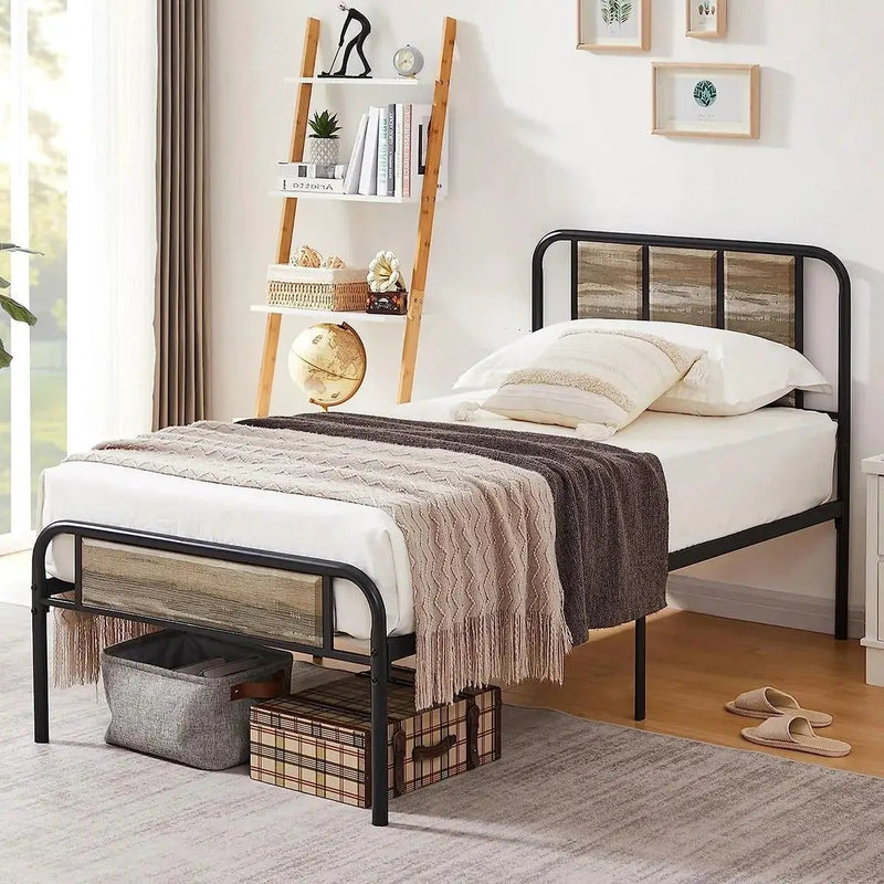 Twin Grey Wood Metal Platform Bed Frame with Rounded Headboard Footboard by HomePacific