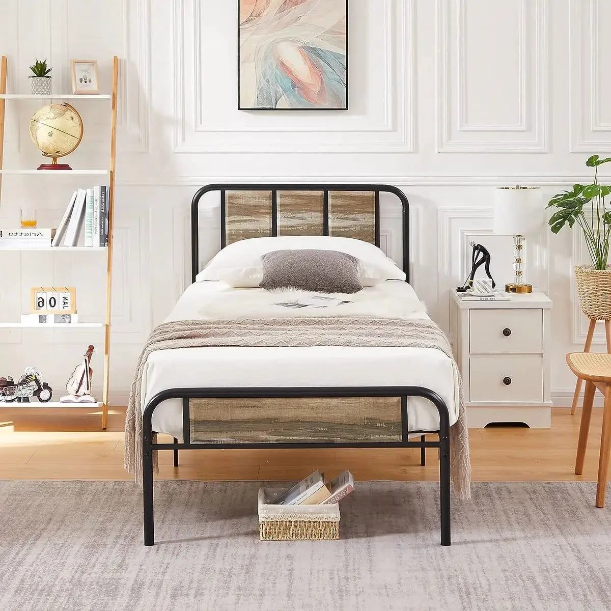 Twin Grey Wood Metal Platform Bed Frame with Rounded Headboard Footboard by HomePacific