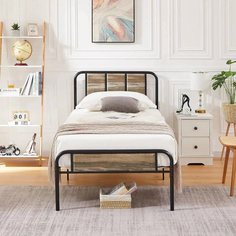 Twin Grey Wood Metal Platform Bed Frame with Rounded Headboard Footboard by HomePacific