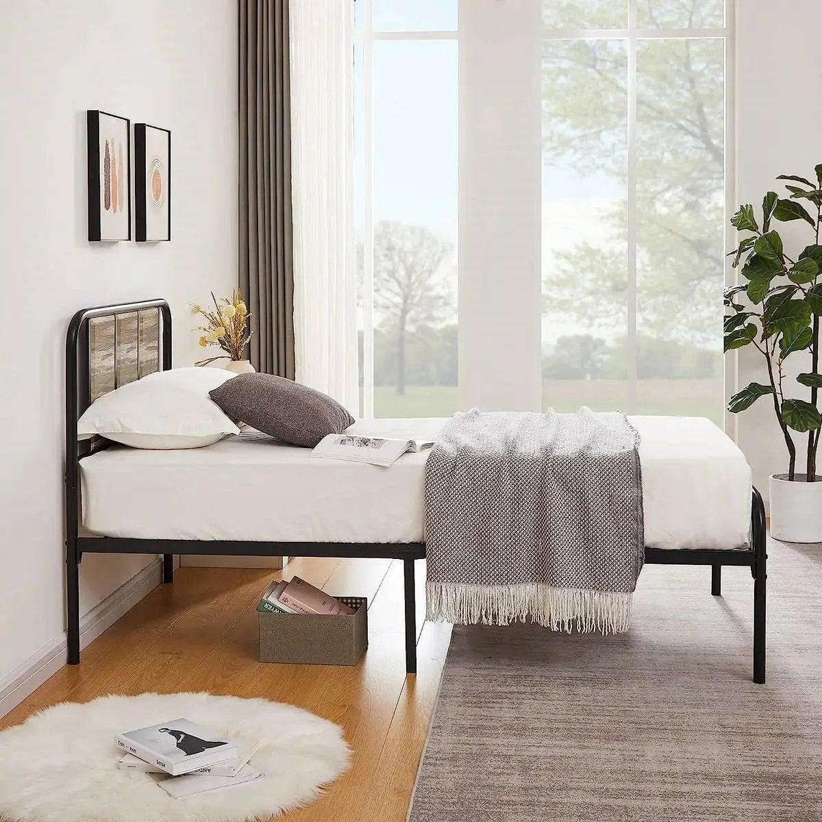 Twin Grey Wood Metal Platform Bed Frame with Rounded Headboard Footboard by HomePacific