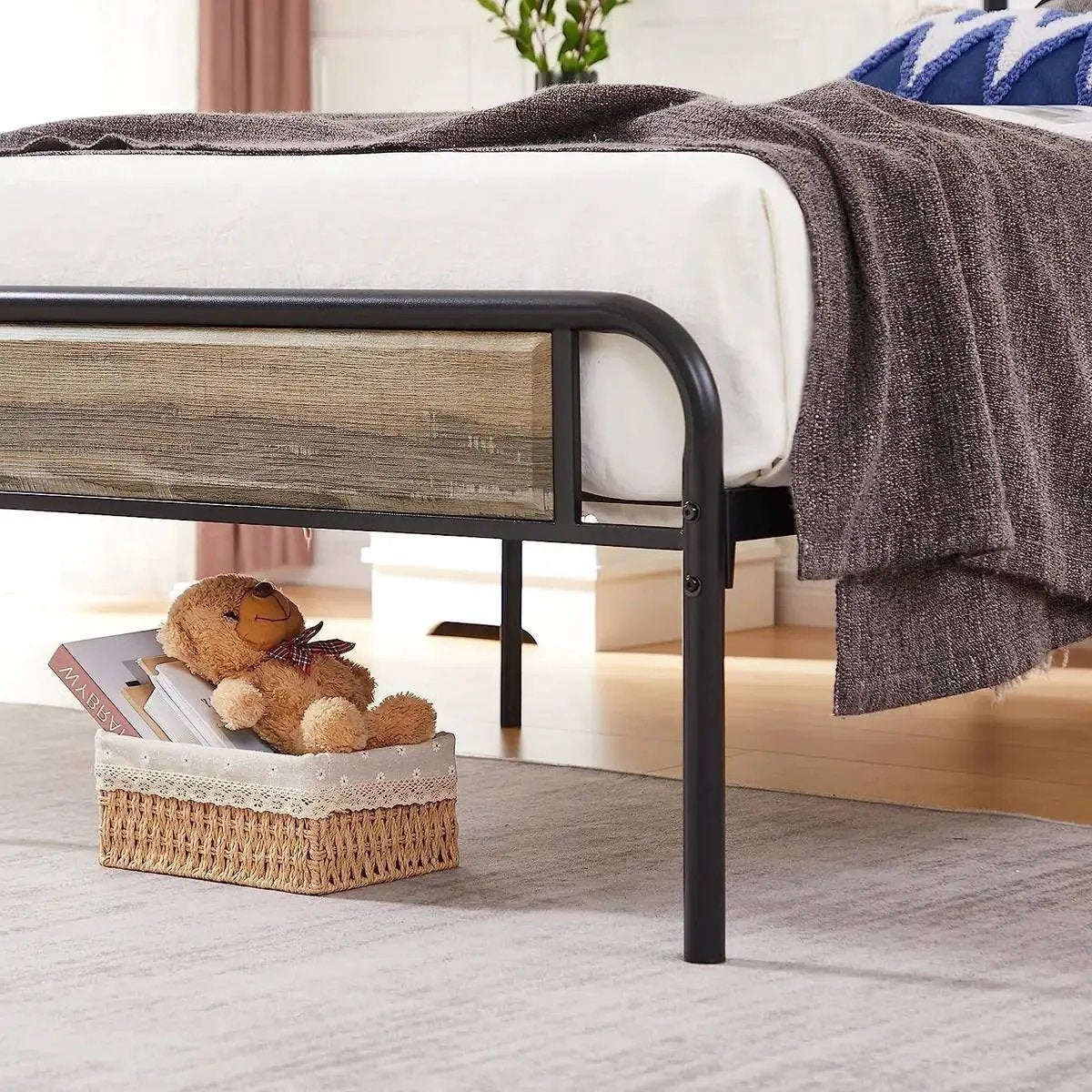 Twin Grey Wood Metal Platform Bed Frame with Rounded Headboard Footboard by HomePacific
