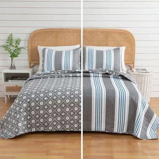 Twin 2 Piece Coastal Starfish Sand Dollar Grey Blue White Nautical Quilt Set by HomePacific