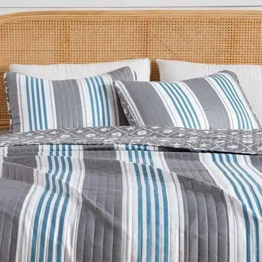 Twin 2 Piece Coastal Starfish Sand Dollar Grey Blue White Nautical Quilt Set by HomePacific