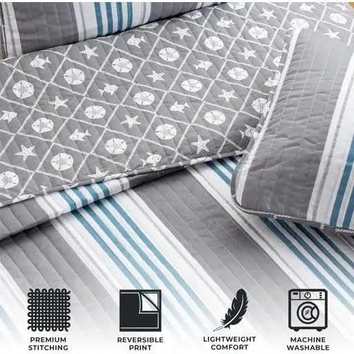 Twin 2 Piece Coastal Starfish Sand Dollar Grey Blue White Nautical Quilt Set by HomePacific