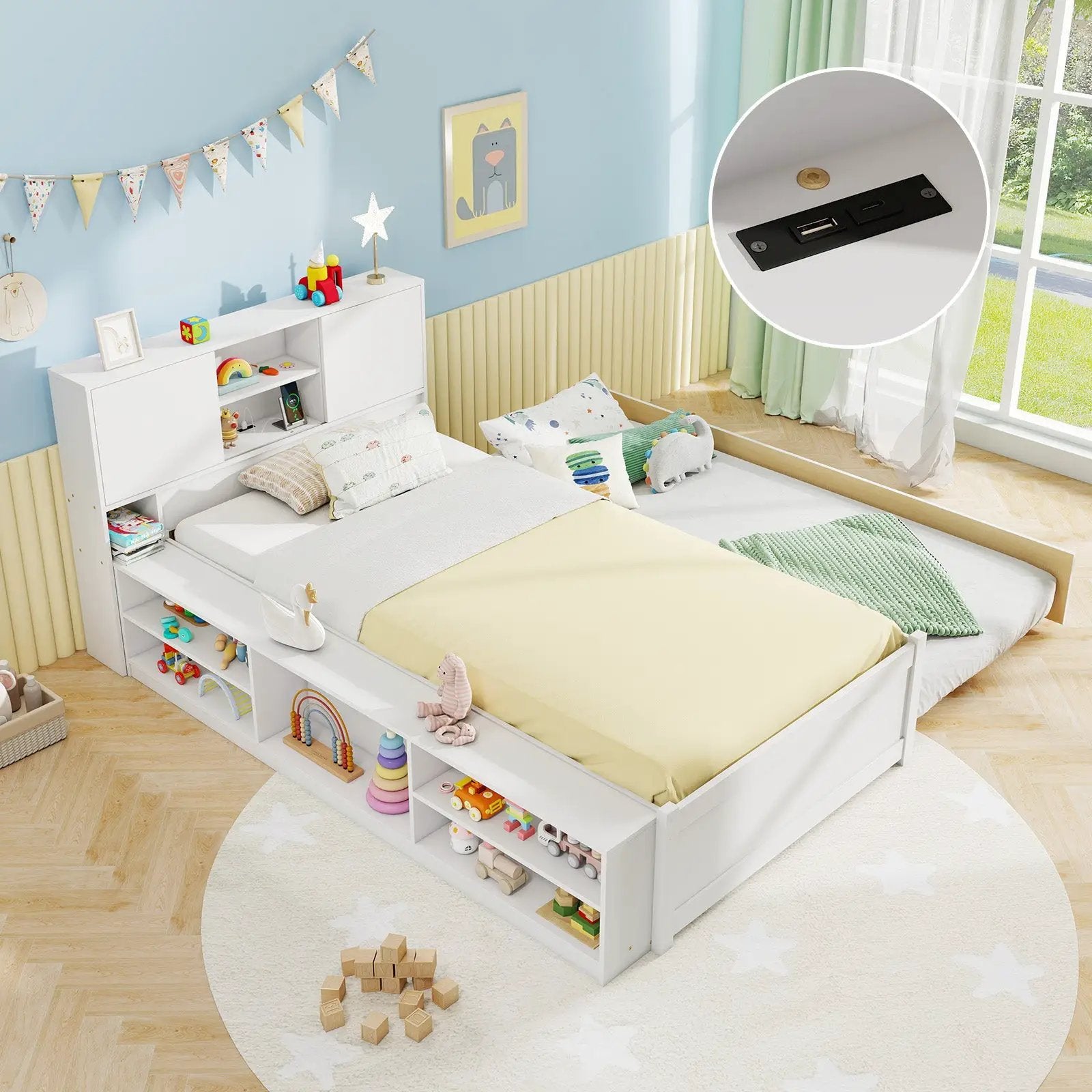 Twin Bed Frame with Trundle and Power Outlets by DirectDeals