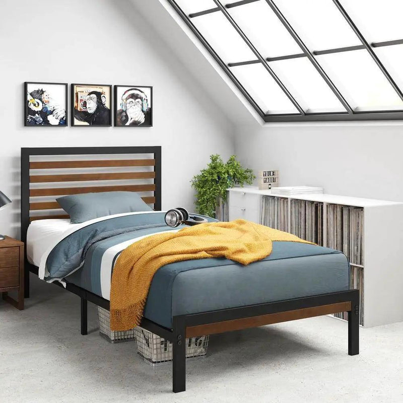 Twin Student Dorm Black Metal Platform Bed Frame with Brown Wood Slat Headboard by HomePacific