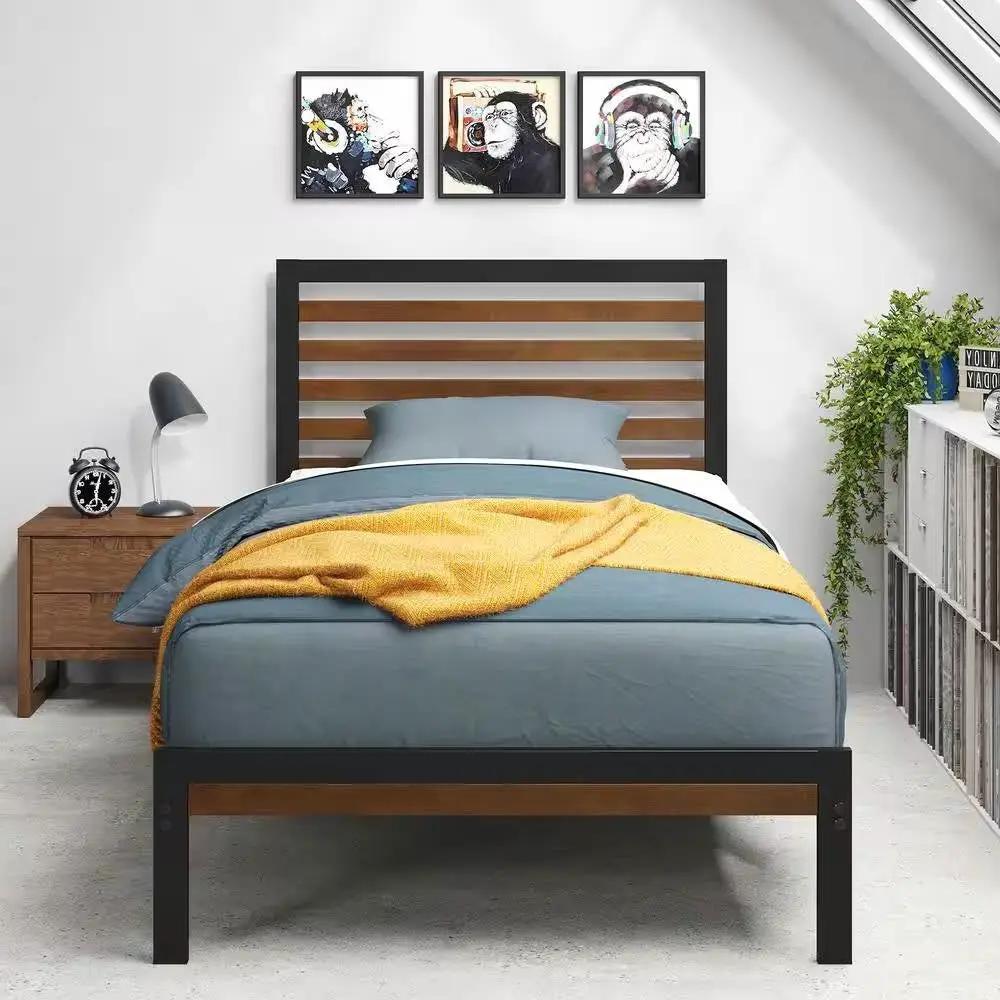 Twin Student Dorm Black Metal Platform Bed Frame with Brown Wood Slat Headboard by HomePacific