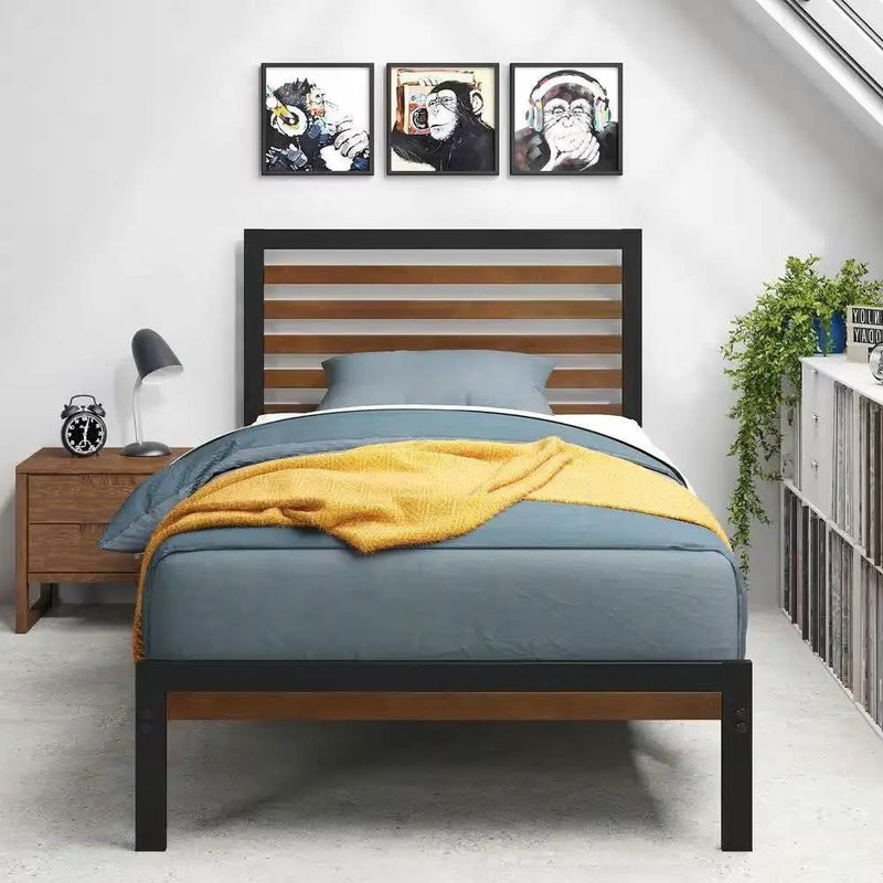 Twin Student Dorm Black Metal Platform Bed Frame with Brown Wood Slat Headboard by HomePacific