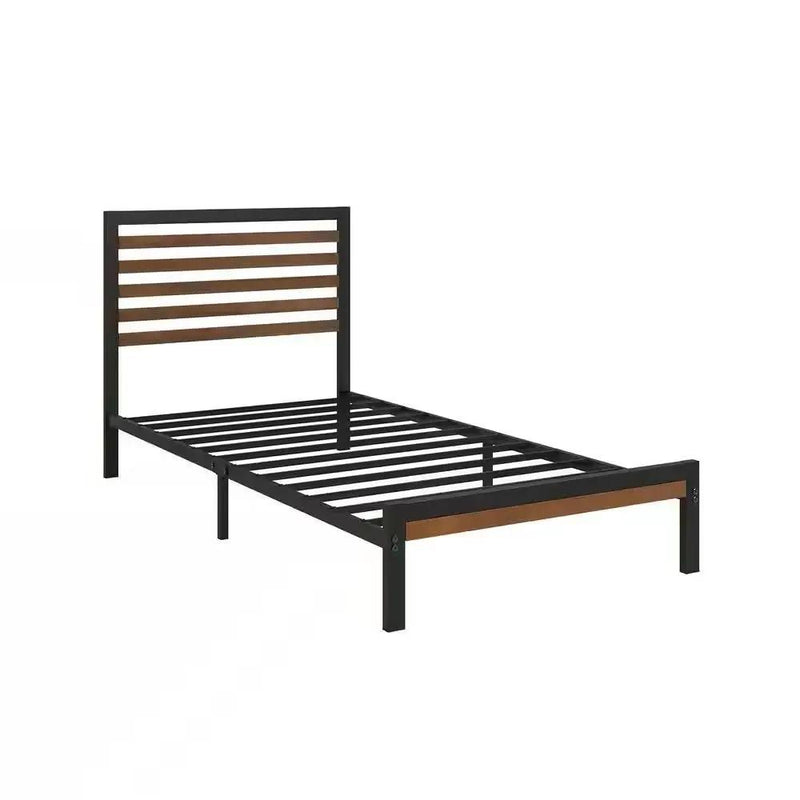 Twin Student Dorm Black Metal Platform Bed Frame with Brown Wood Slat Headboard by HomePacific