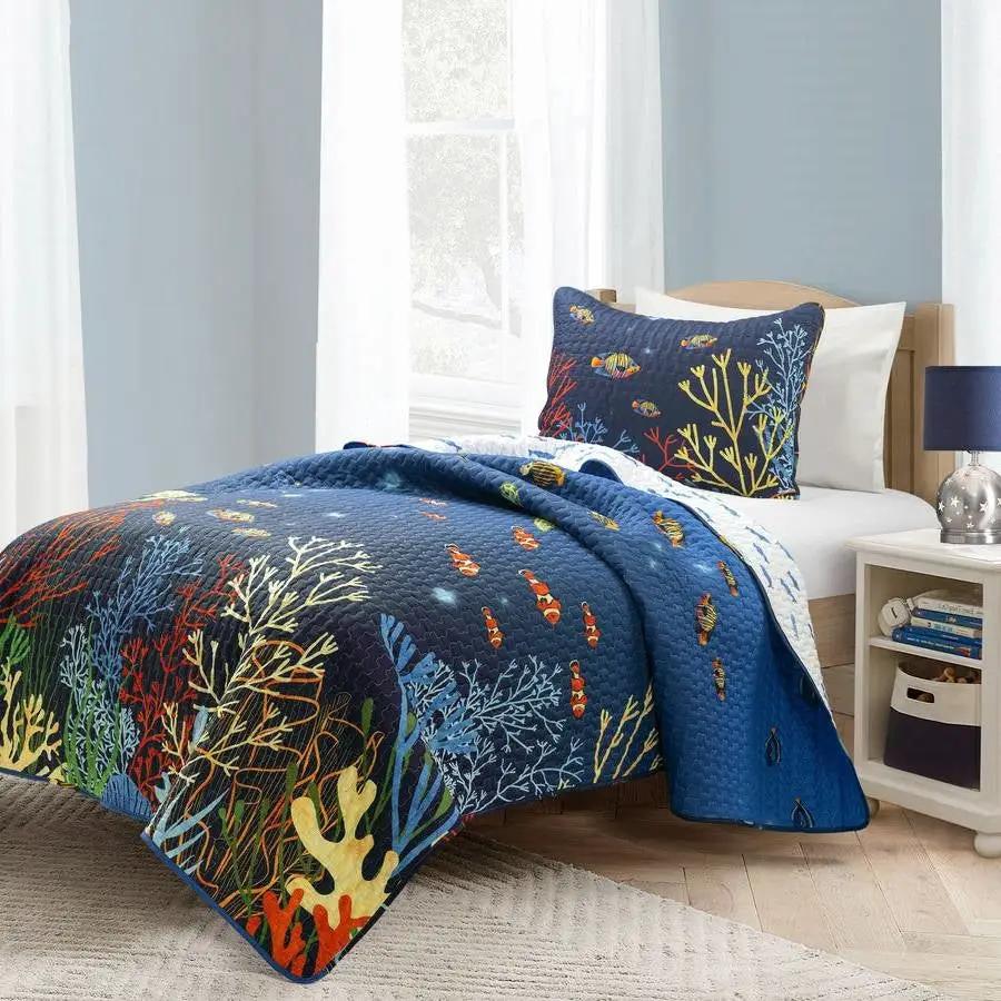 Twin 2 Piece Lightweight Ocean Navy Blue Clown Fish Coral Reversible Quilt Set by HomePacific
