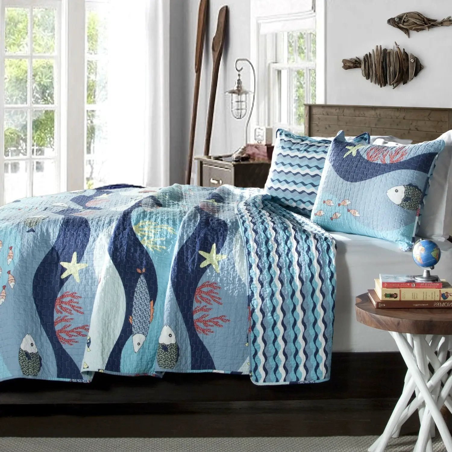 Twin Blue Serenity Sea Fish Coral Coverlet Quilt Bedspread Set by HomePacific