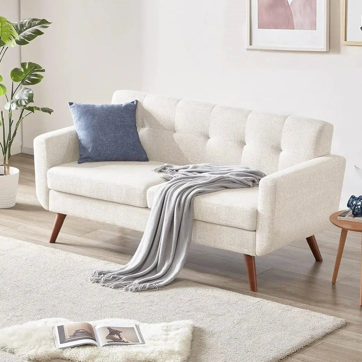 Modern Mid-Century Beige Cotton Polyester Upholstered Sofa Loveseat by HomePacific